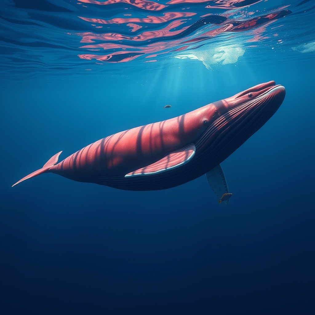 An ultra-professional, photorealistic image of a living red whale swimming gracefully in deep blue ocean waters