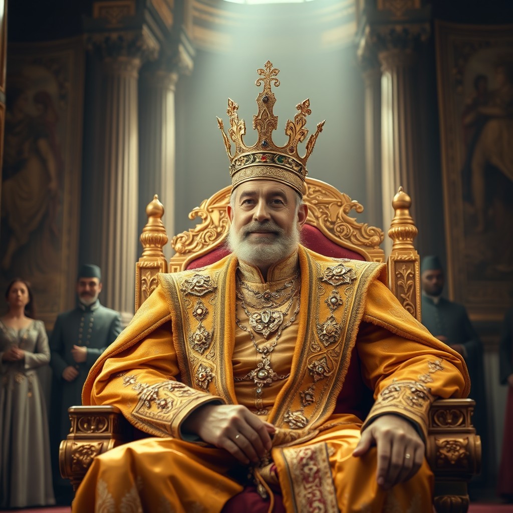 A regal scene featuring a majestic king seated on a luxurious throne, adorned with elaborate golden robes and a gleaming crown embellished with precious jewels