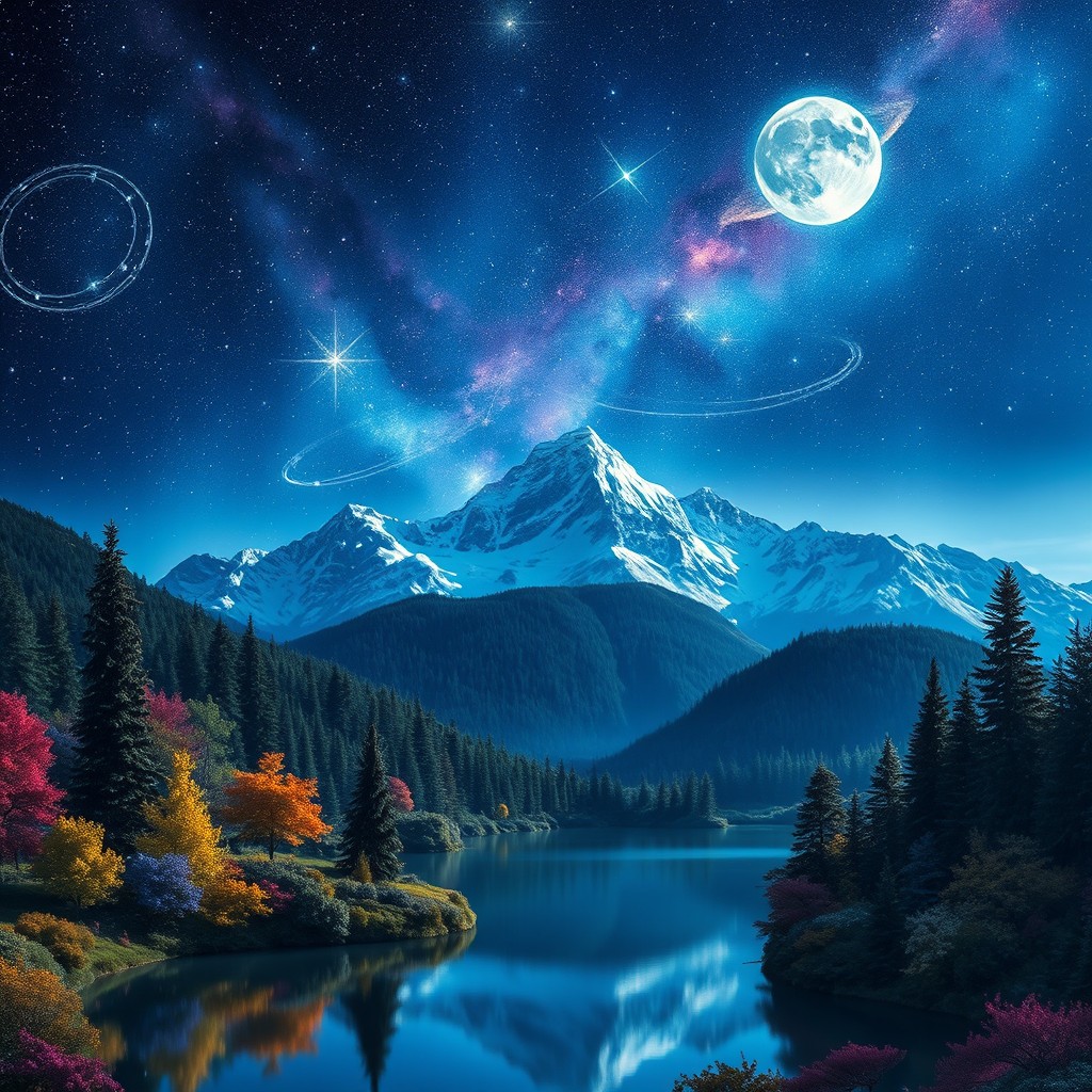 A stunning view of a fantasy landscape under a starry night sky filled with glowing stars and galaxy formations