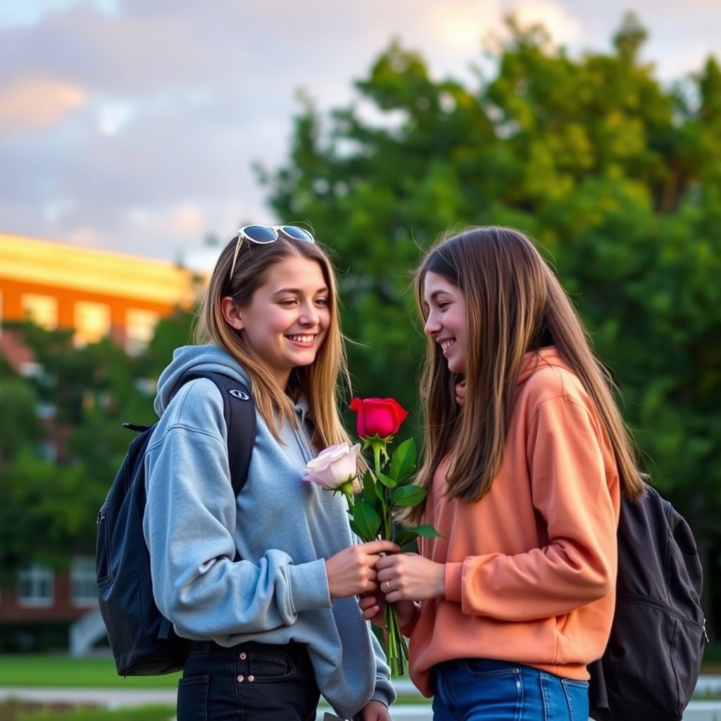 Two high school teenagers in a school setting, exchanging flowers between them with a gentle smile