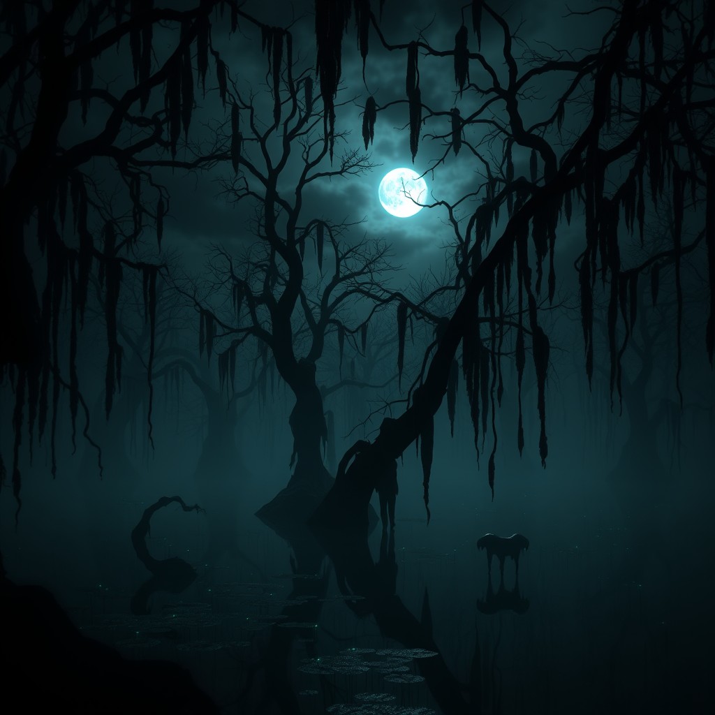 A dark, eerie swamp at night, shrouded in mist with silhouettes of twisted trees and hanging moss