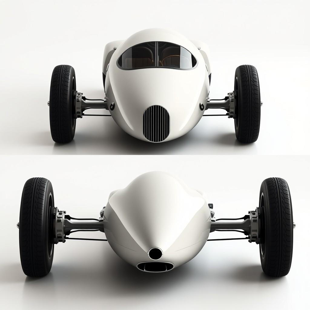 A front and rear design of a two-seater streamliner car with a length of 5400mm, width of 1750mm, height of 1650mm, and a wheelbase of 3500mm