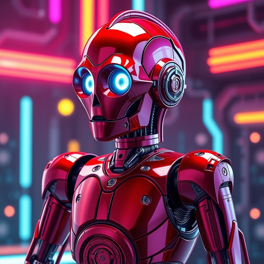 A futuristic humanoid robot character inspired by C-3PO, but with a striking color scheme of red and purple