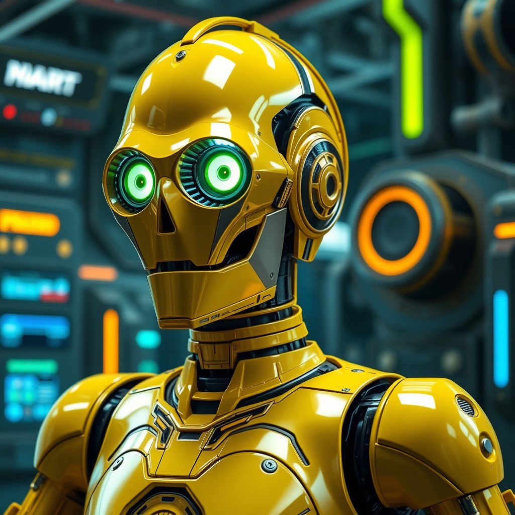 A futuristic humanoid robot character inspired by C-3PO, designed with a bold yellow and black color scheme