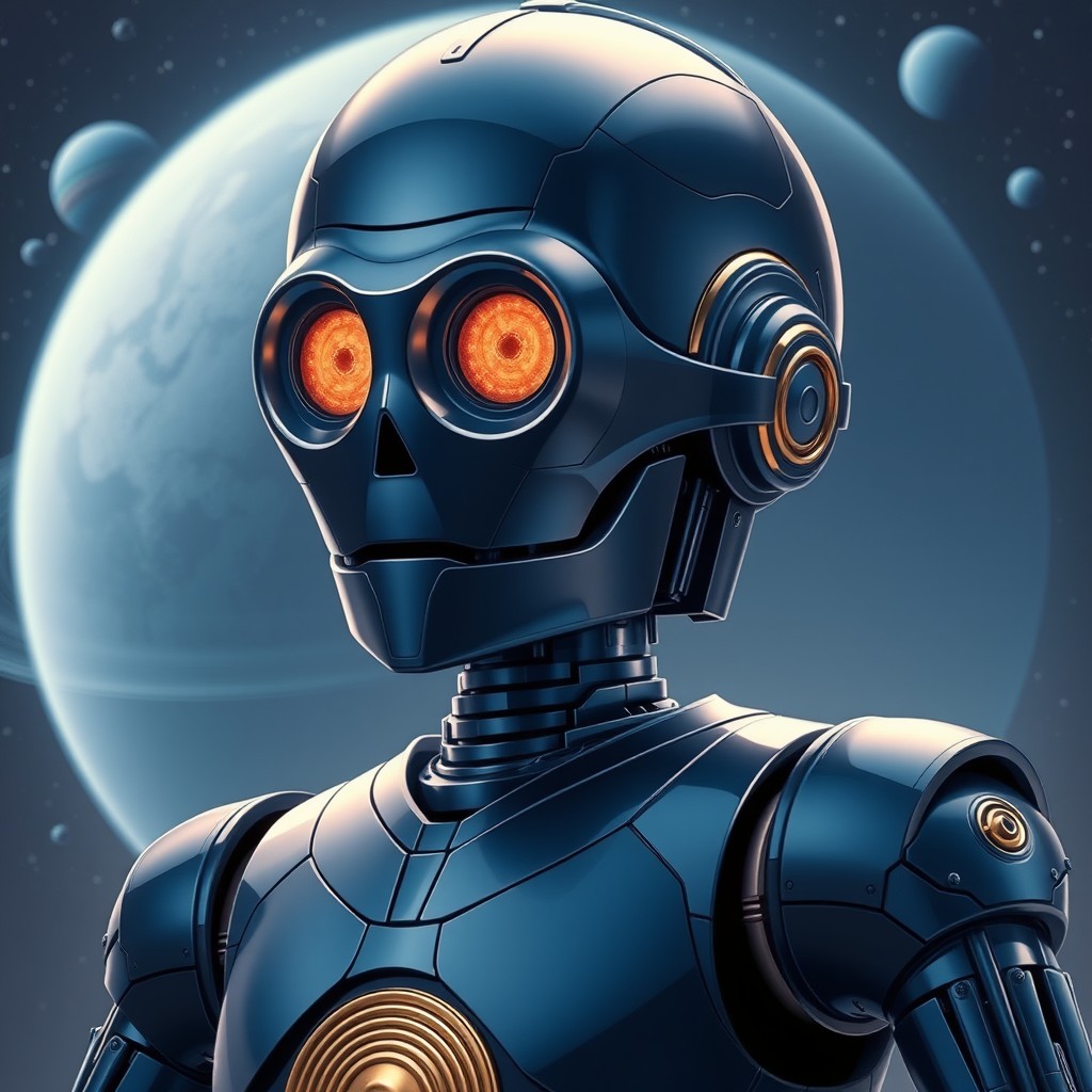 A robot character inspired by C-3PO, featuring a sleek, humanoid design with metallic surfaces