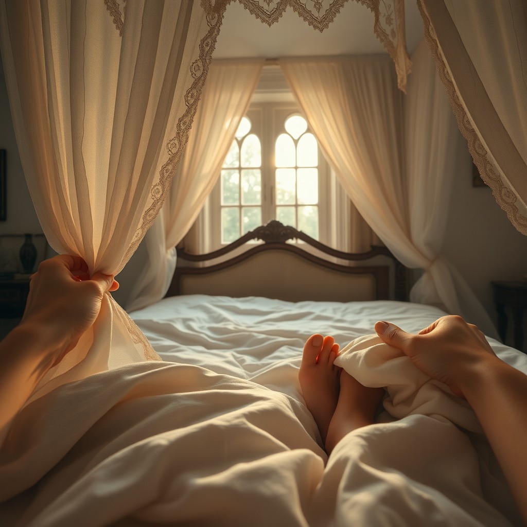 POV perspective, ultra-realistic 8K HDR image of a cozy bedroom scene, showcasing a Victorian canopy bed with soft lace curtains gently swaying around it