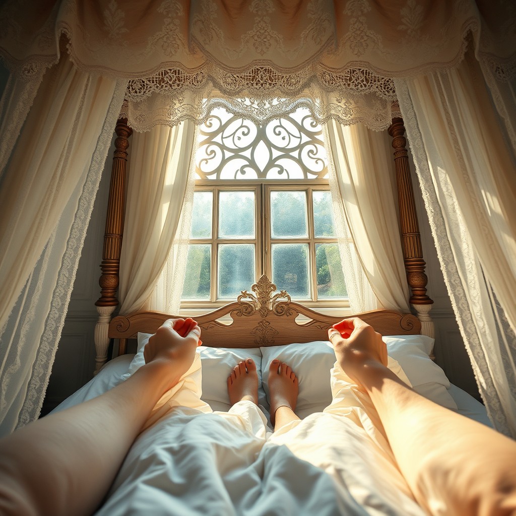 POV ultra-realistic 8K HDR image of a person waking up in a beautiful Victorian canopy bed
