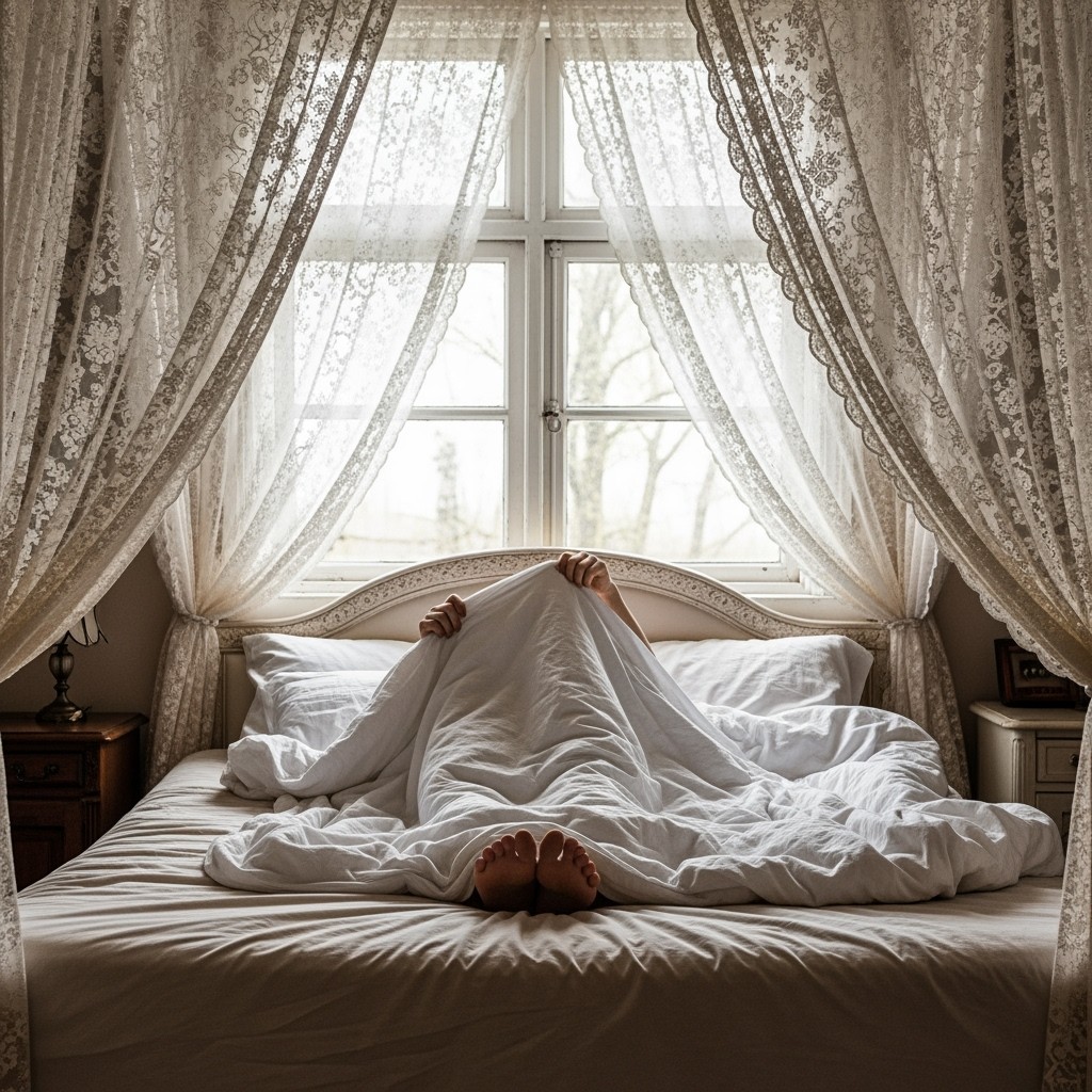 In a POV ultra-realistic setting, a person is waking up in a beautifully designed Victorian canopy bed