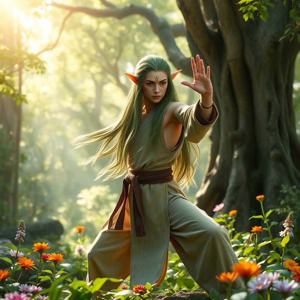 A mystical wood elf monk, elegantly poised in a tranquil forest setting, practicing martial arts amidst lush greenery
