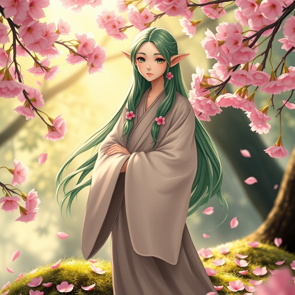 A serene wood elf monk standing gracefully among blooming cherry blossoms in a mystical forest
