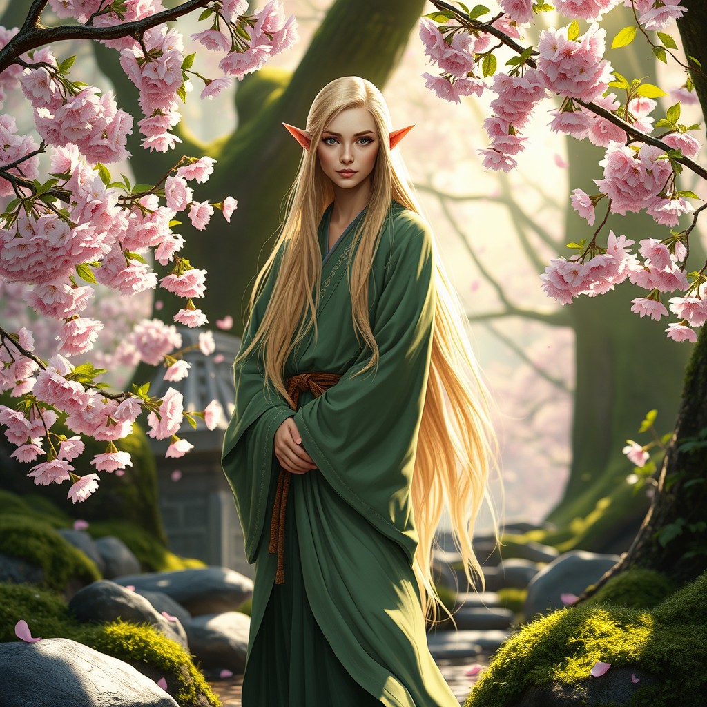 A wood elf monk with long, flowing blonde hair, inspired by Dungeons & Dragons, gracefully standing in a serene forest filled with cherry blossoms