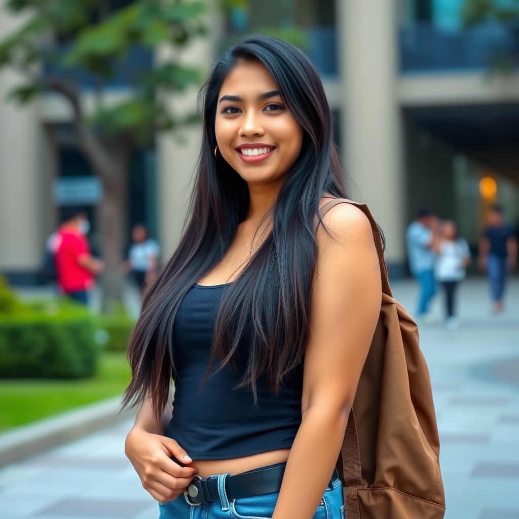A beautiful Indonesian woman with prominent features, specifically a curvy silhouette, wearing trendy university attire