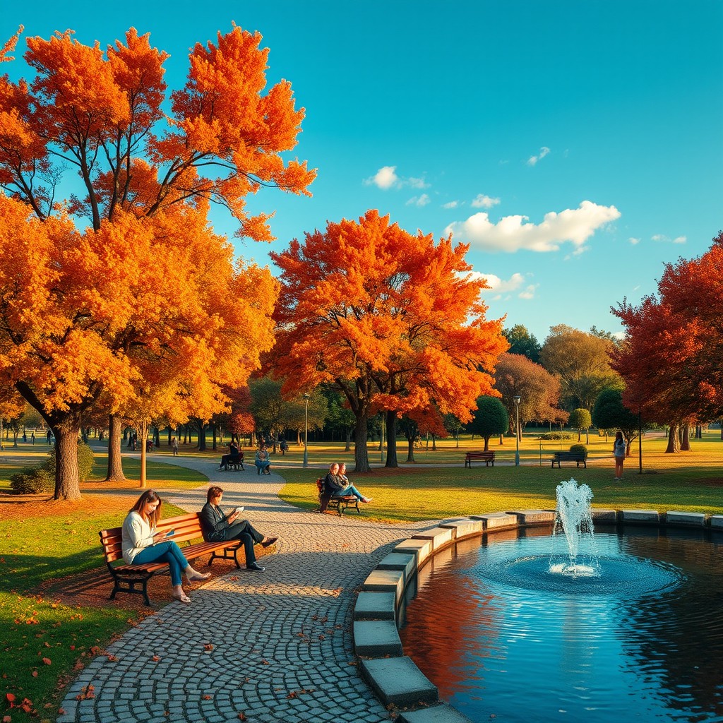 Uma paisagem serena de um parque no outono, com árvores de folhas coloridas em tons de laranja, amarelo e vermelho