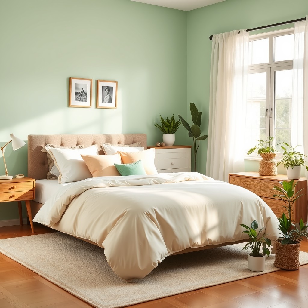 A cozy and inviting bedroom, featuring a queen-sized bed with a plush duvet and an array of decorative pillows in soft pastel colors
