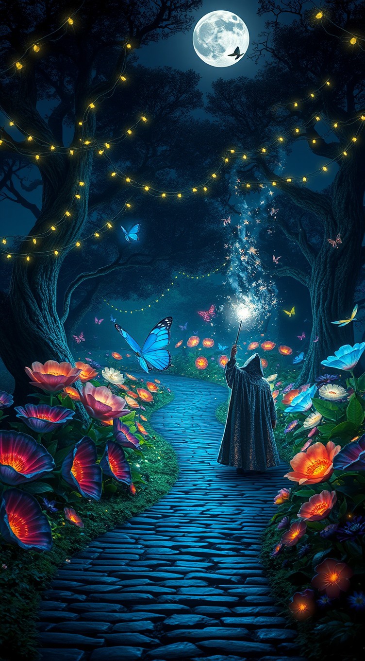 A mesmerizing scene titled 'Midnight in the Garden of Magic'