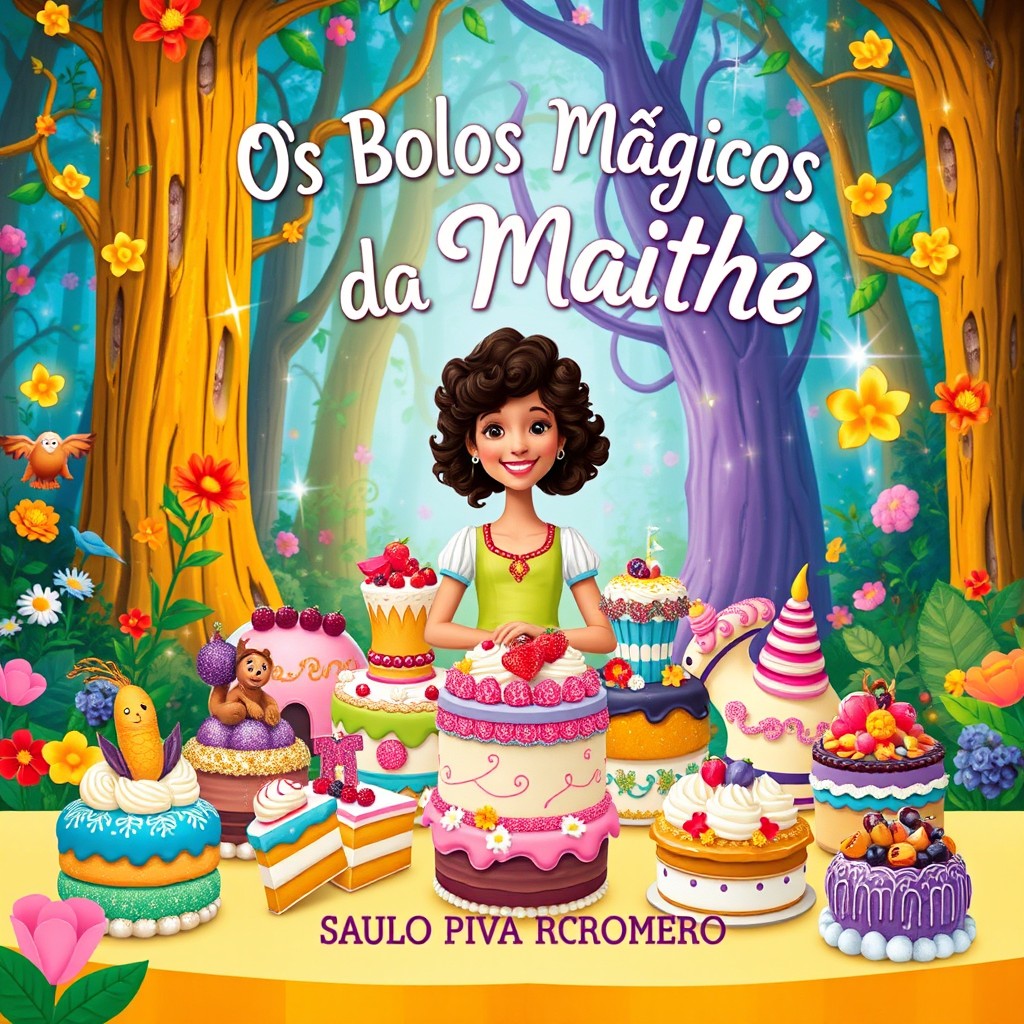 A whimsical book cover for 'Os Bolos Mágicos da Maithé' by Saulo Piva Romero