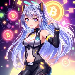 A stunning digital character design for a 'waifu' themed around the crypto community, embodying elements of Web3