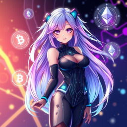 A stunning digital character design for a 'waifu' themed around the crypto community, embodying elements of Web3