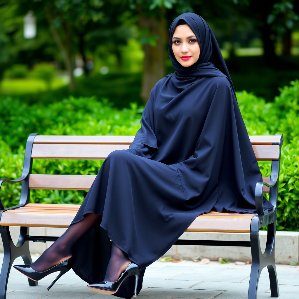 A woman dressed in a traditional black chador that fully covers her body, paired with sleek black tights and elegant black high heels