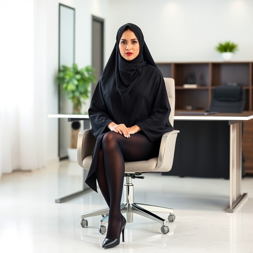A woman dressed in a traditional black chador that completely covers her body, along with form-fitting black tights and stylish black high heels