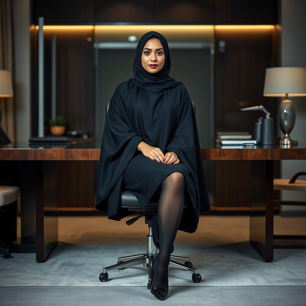 A woman elegantly dressed in a traditional black chador that covers her entire body, complemented by sleek black tights and stylish black high heels