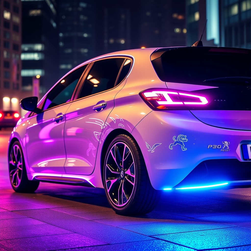 A vibrant and stylish 2023 Peugeot 208 car with neon lights accentuating the edges of its bodywork
