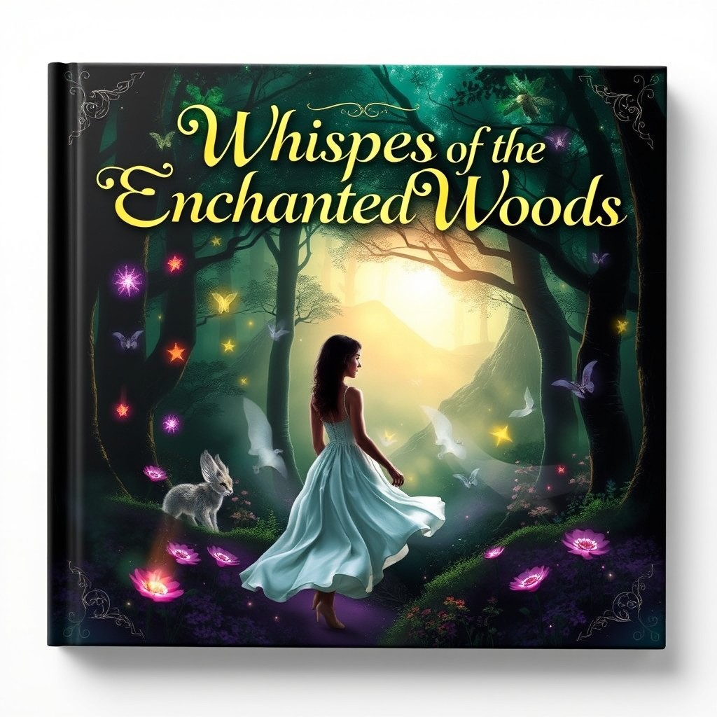 A captivating book cover design featuring a mysterious forest scene with vibrant, magical elements such as glowing flowers and ethereal creatures