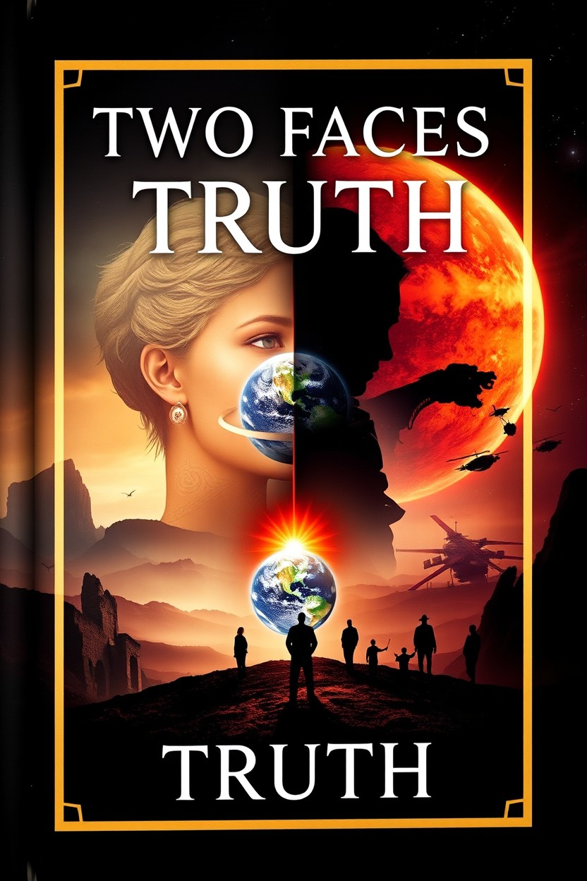 A visually divided book cover titled 'Two Faces of Truth', symbolizing the conflict between two versions of events