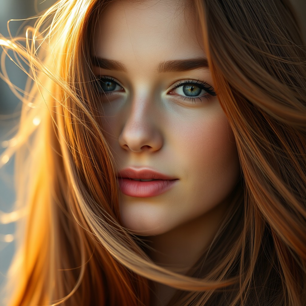 A close-up portrait of a beautiful young woman in her twenties, showcasing her long, flowing auburn hair gently blowing in the wind
