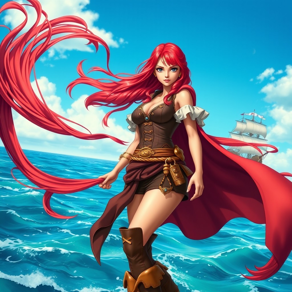 A stunning, beautiful female pirate inspired by the One Piece universe, featuring vibrant, flowing red hair that billows in the wind