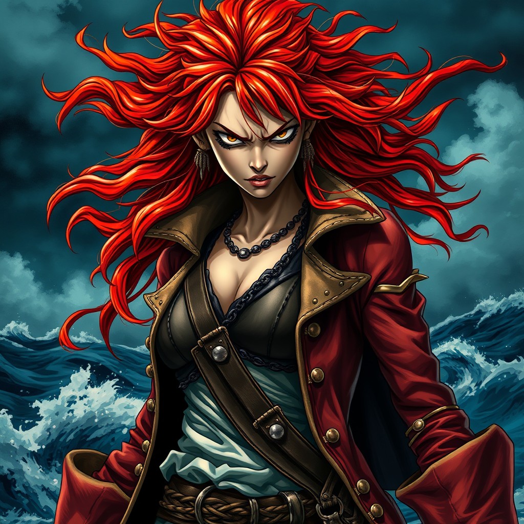An intense and striking female pirate inspired by the One Piece universe, showcasing her fiery red hair that flows wildly as she expresses her anger