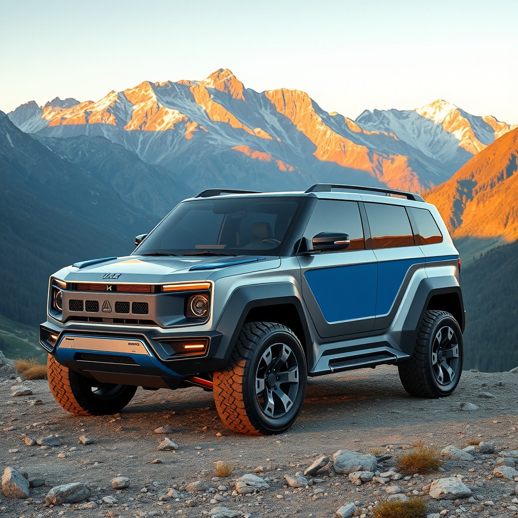 A futuristic UAZ 'Buhanka', designed with a modern and sleek appearance, featuring advanced technology and off-road capabilities