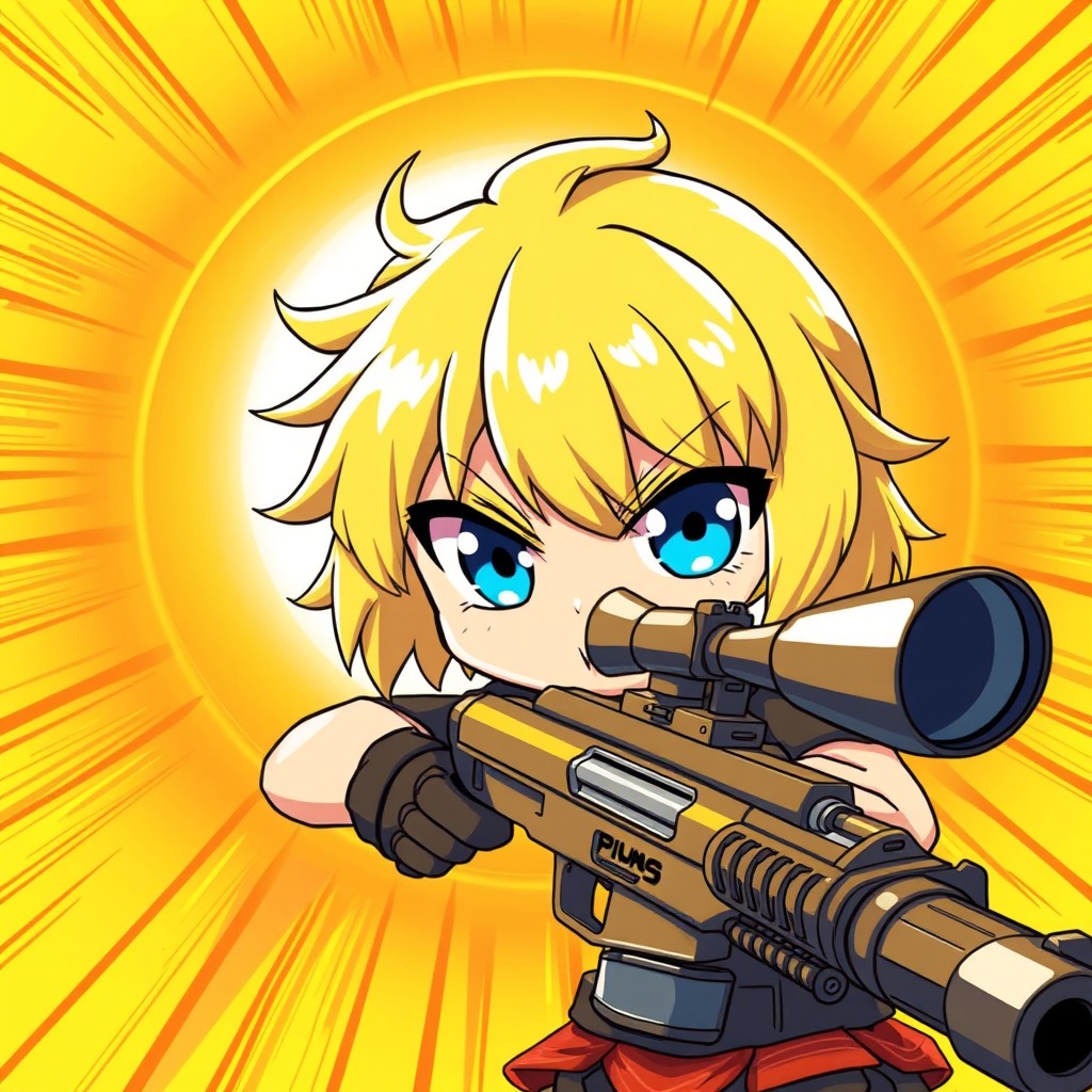 A personification of the sun depicted as a fierce character holding a sniper rifle