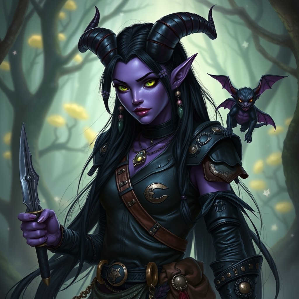 A striking tiefling picara with shimmering purple skin, vibrant green eyes, and elegantly curved horns