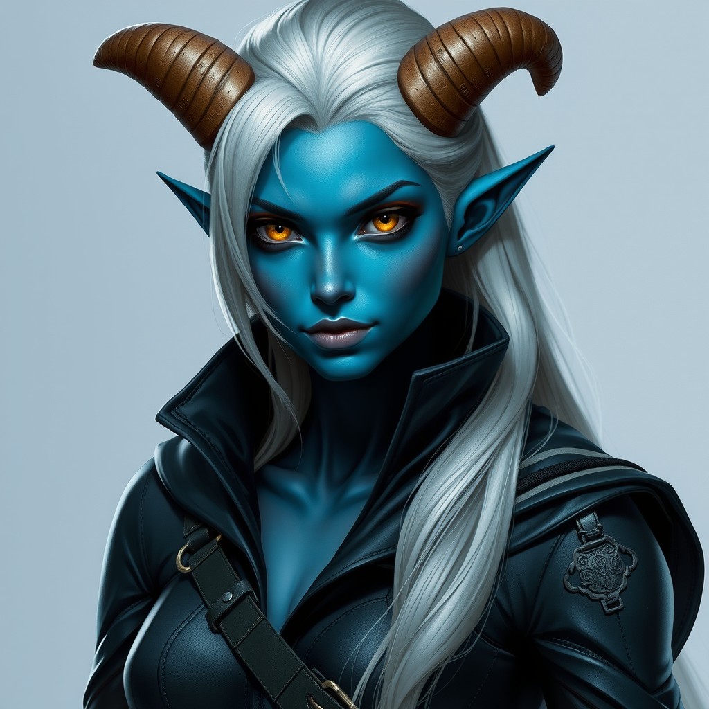 A graceful and agile woman with a slender yet strong build, featuring deep azure skin that glimmers subtly under light