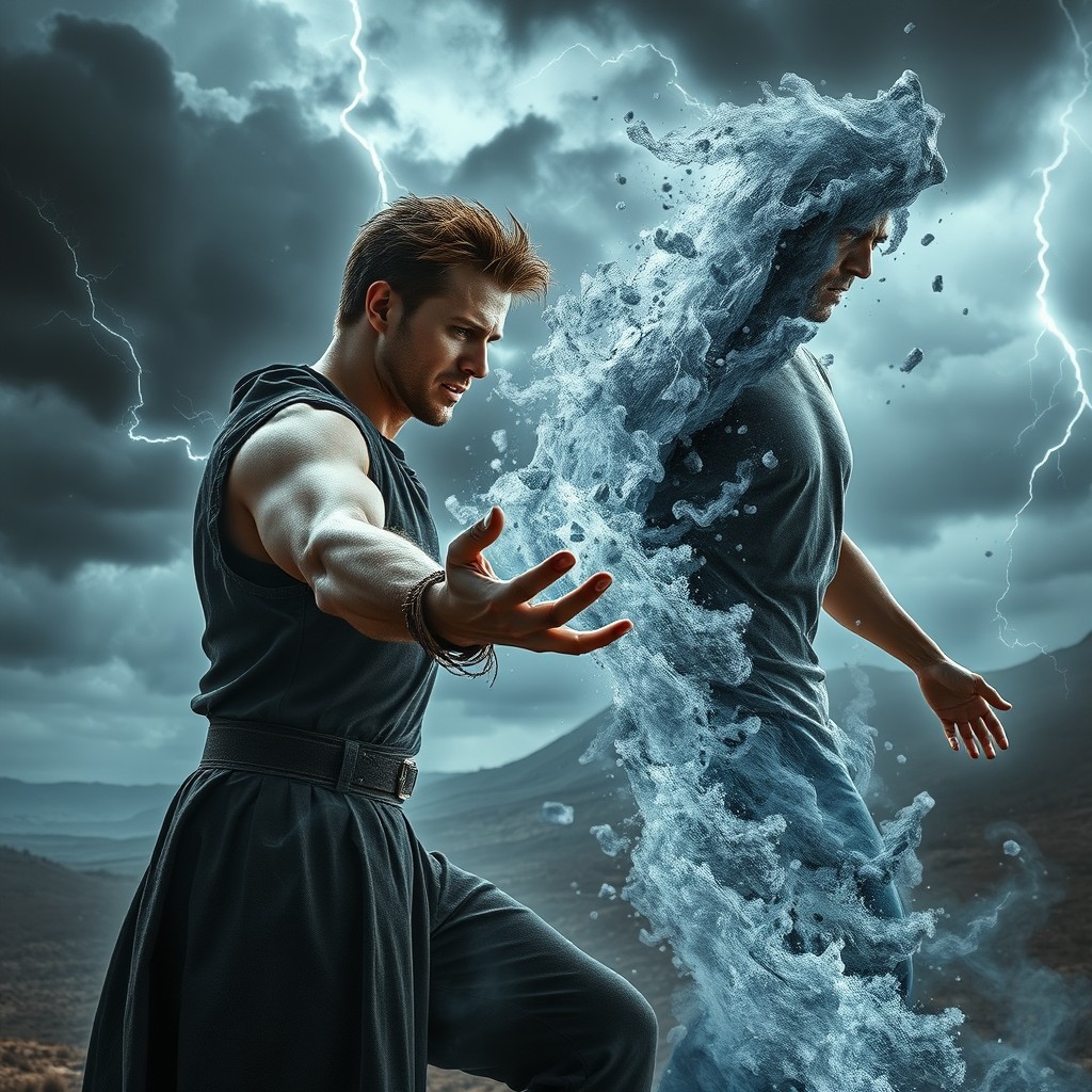 A dramatic and intense scene depicting one male figure in a powerful stance, extending his hand towards another man, causing him to transform into ash