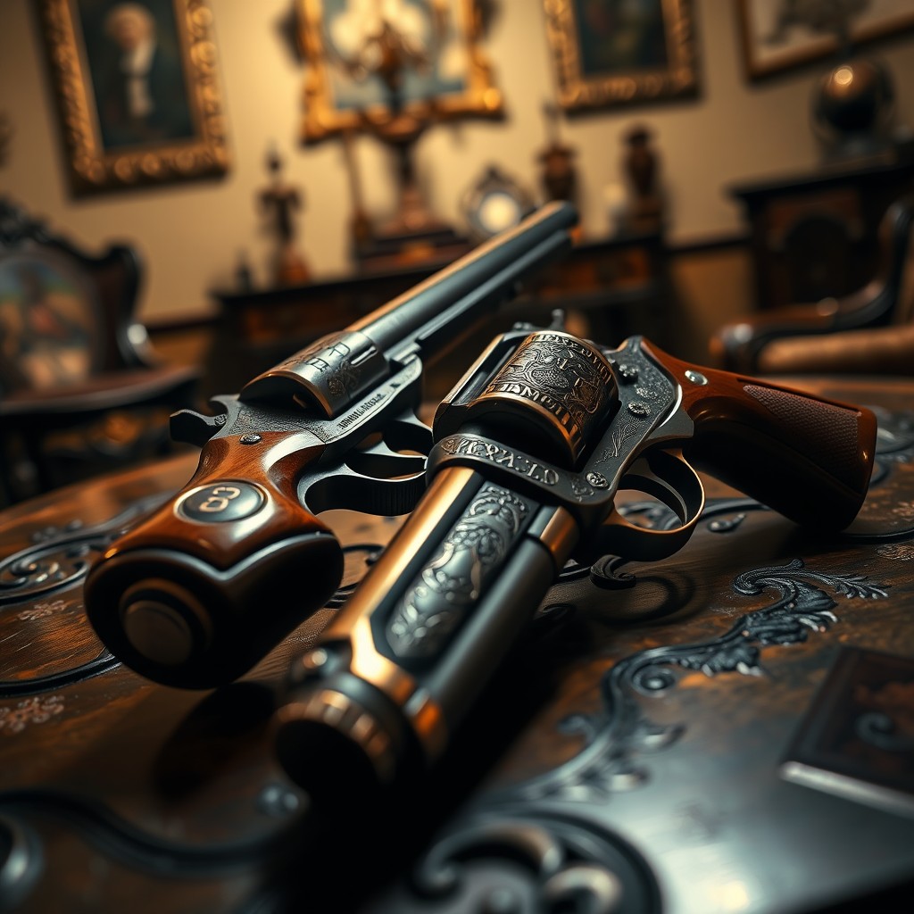 A close-up view of two beautifully crafted pistols resting on an ornate wooden table
