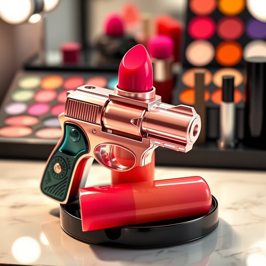 A whimsical and playful design of a lip balm container shaped like a pistol, featuring a glossy finish