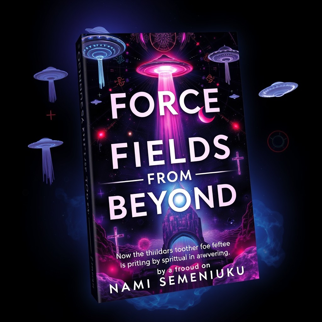 A cinematic and artistic book cover for 'Force Fields from Beyond' by Naomi Semeniuk, reflecting a powerful fusion of spirituality and sci-fi thriller with a feminine, mystical energy
