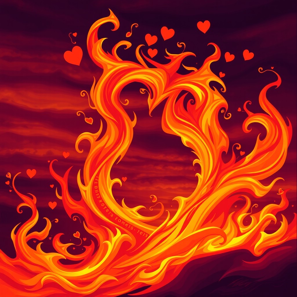 A vibrant and passionate illustration representing the concepts of fire and desire, featuring swirling flames in shades of orange and red, intertwining with romantic elements like hearts or silhouettes of lovers