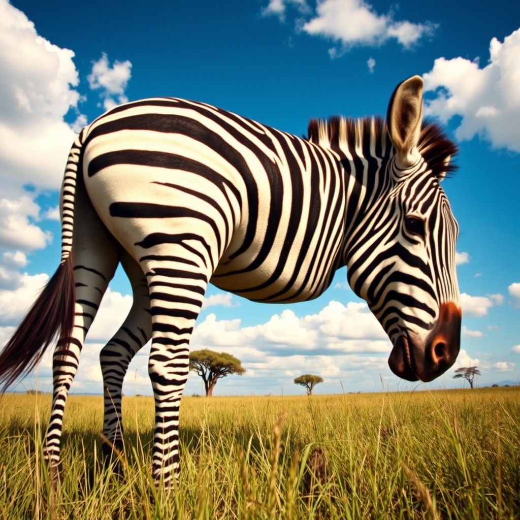 A close-up view of a majestic zebra standing in a grassy savanna, showcasing its striking black and white stripes