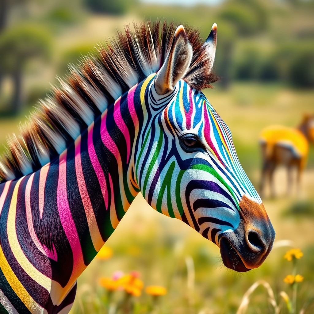A mesmerizing zebra with vibrant, multicolored stripes, blending bright shades of blue, pink, green, and yellow in a whimsical and artistic style