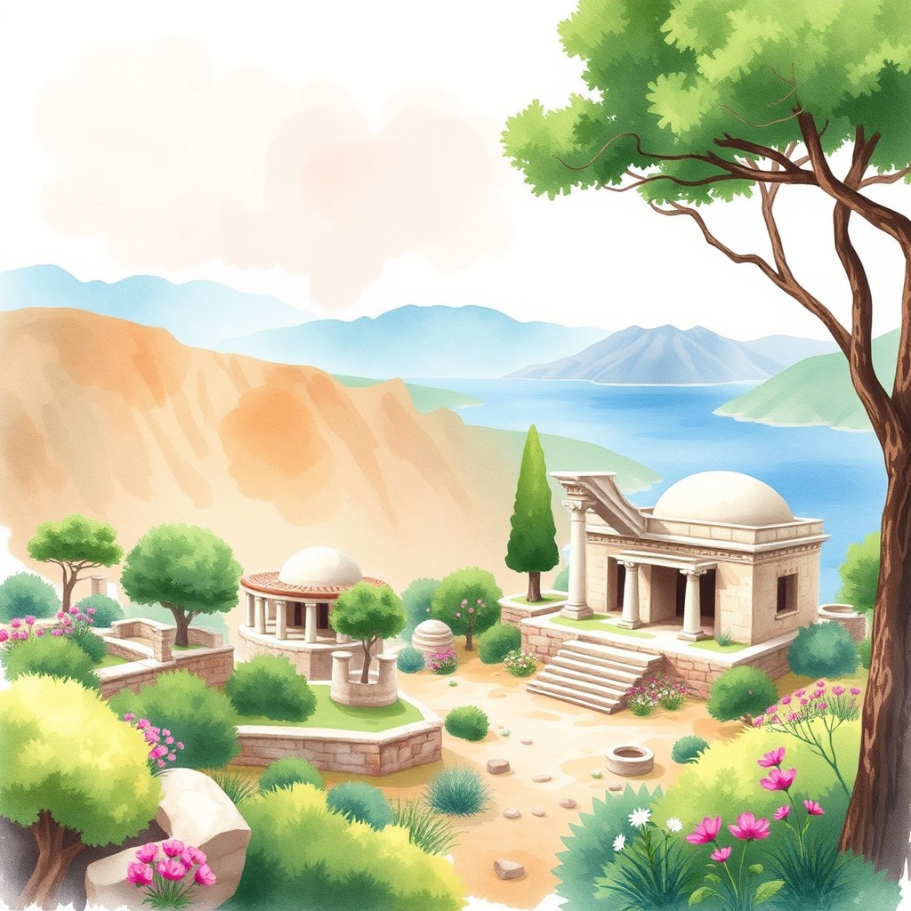 A whimsical watercolor design featuring elements of Lycian culture, such as ancient ruins, ornate Lycian tombs, and lush natural scenery