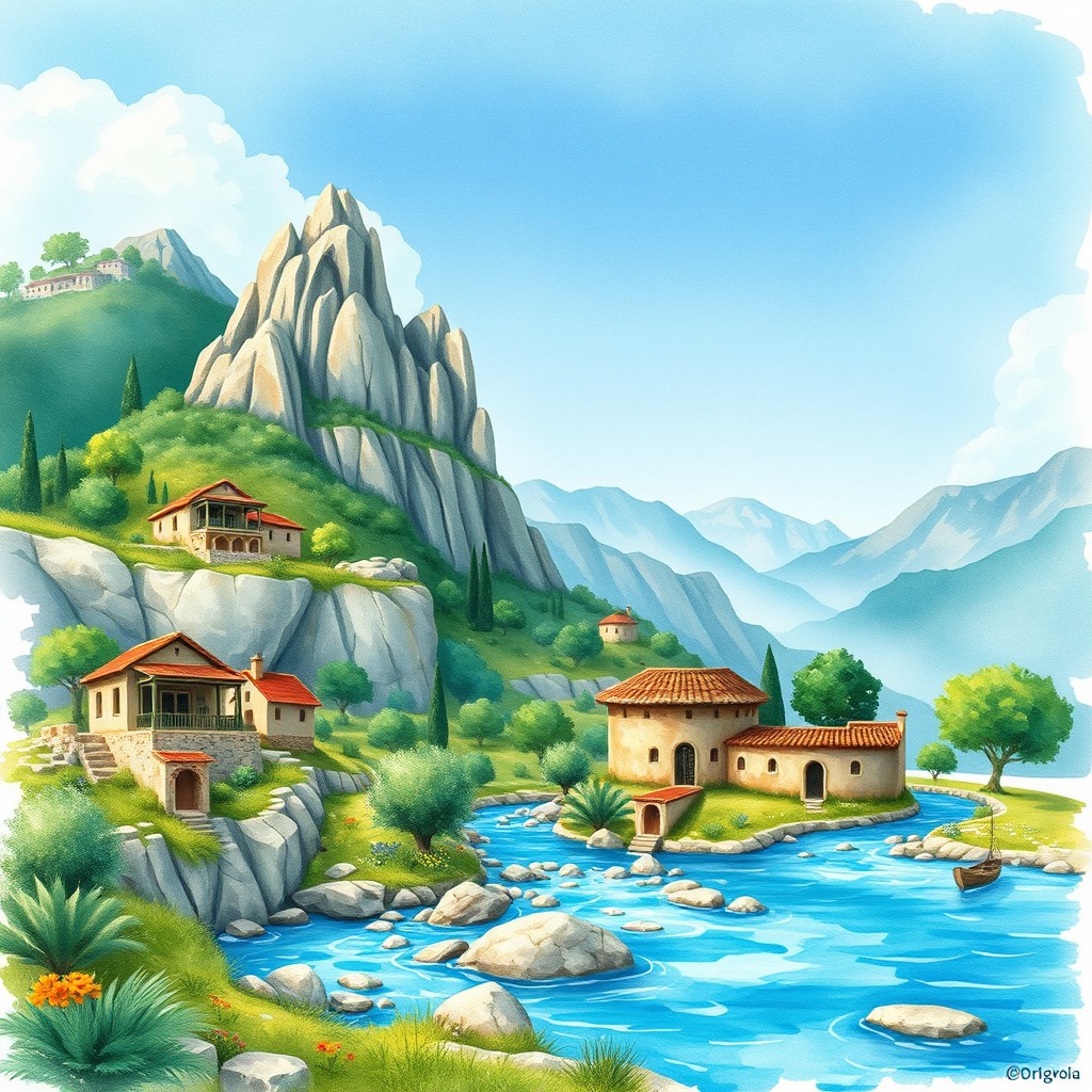 A beautiful watercolor visual design featuring intricate Lycian elements, incorporating ancient Lycian motifs, architecture, and nature