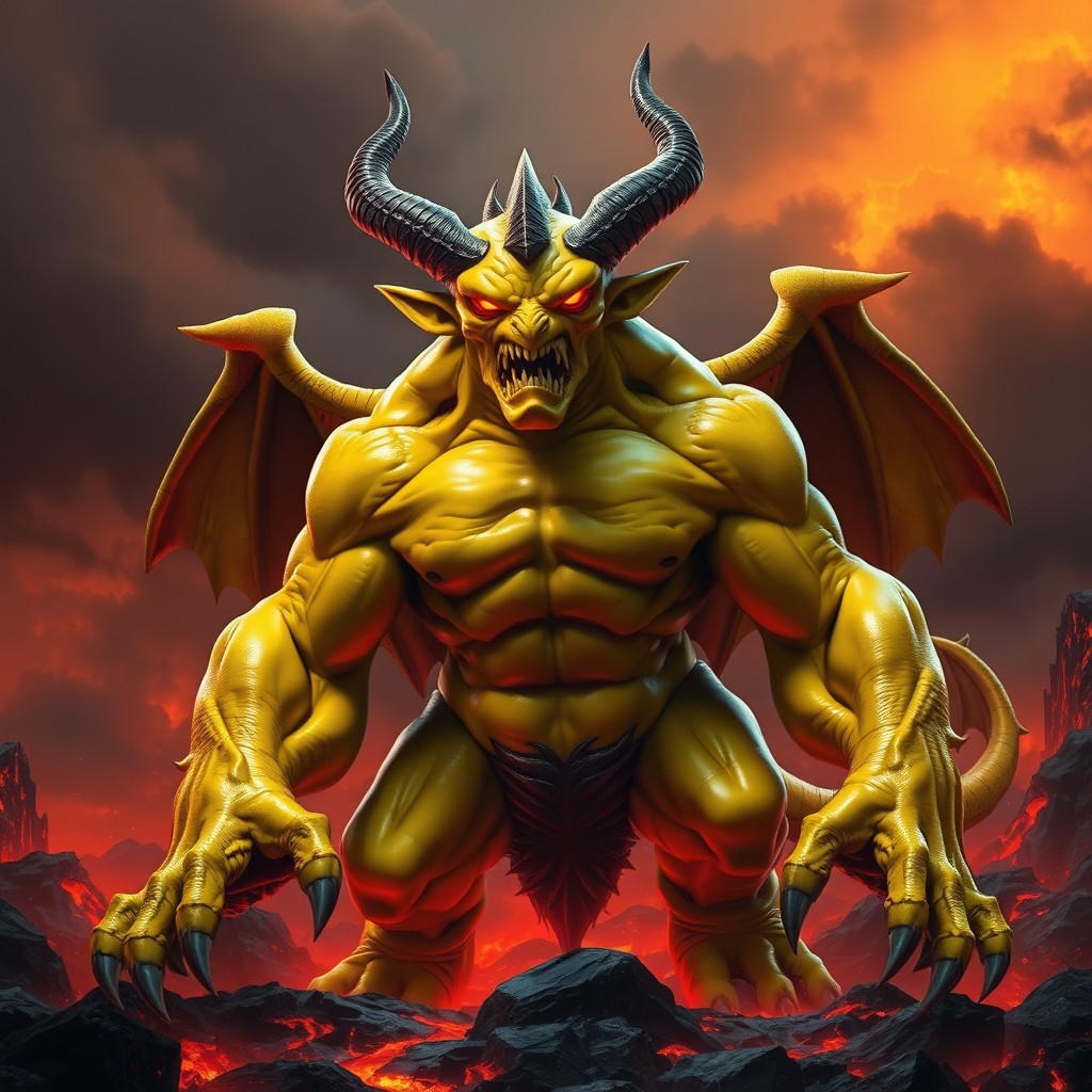 A unique and large yellow devilish creature, resembling a demon king