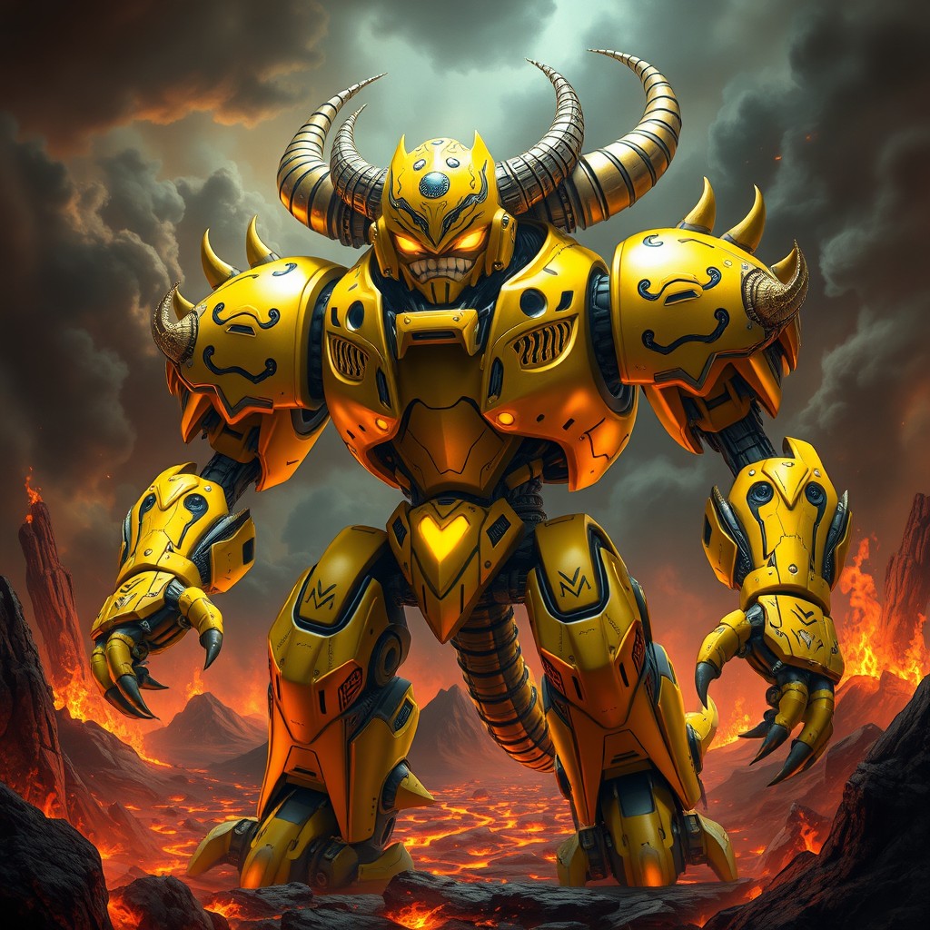 A unique and large yellow robot inspired by a devilish character, embodying the traits of a demon king