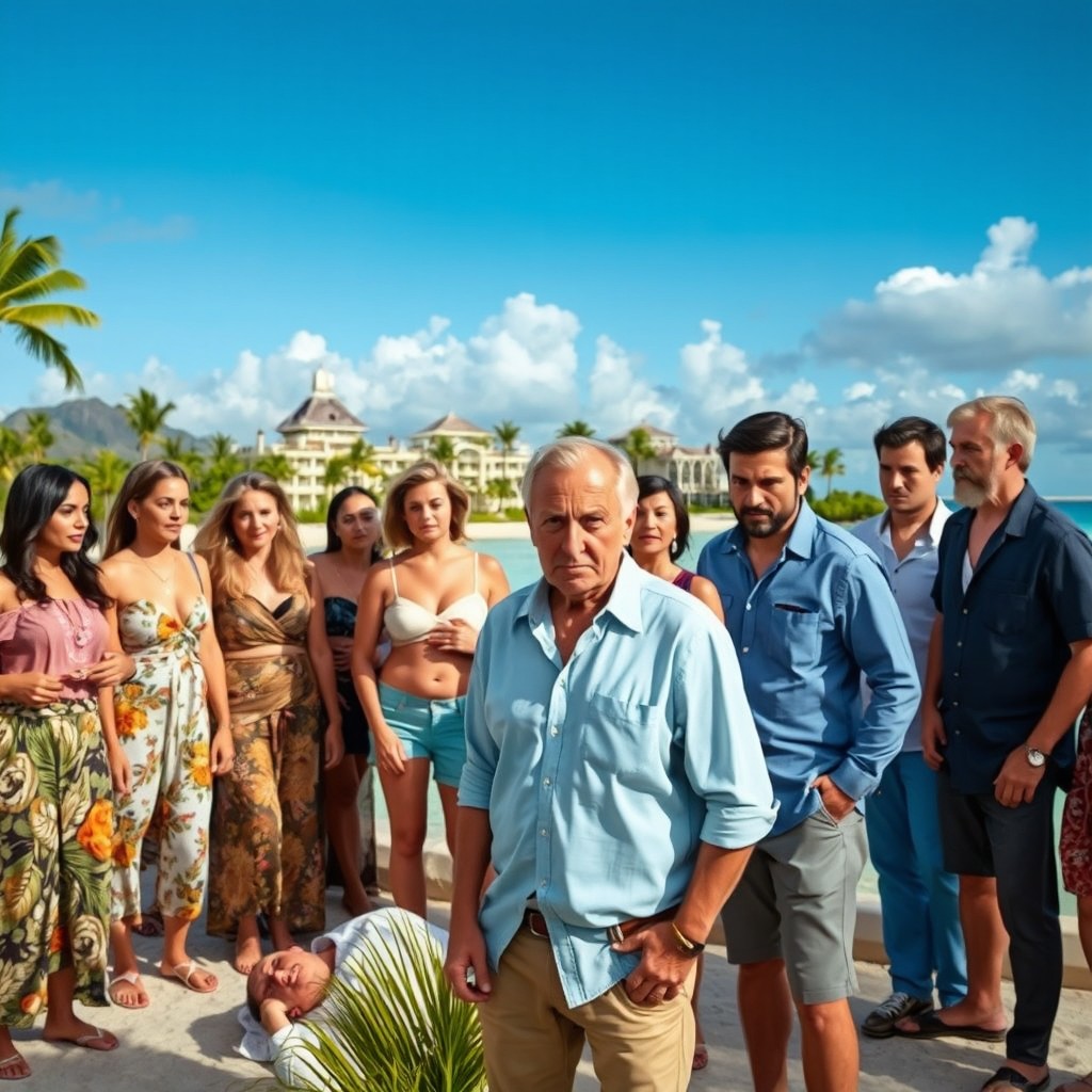 A dramatic scene set on a luxurious, remote island resort, featuring a diverse group of guests in their vacation attire, displaying various emotions of shock, fear, and confusion
