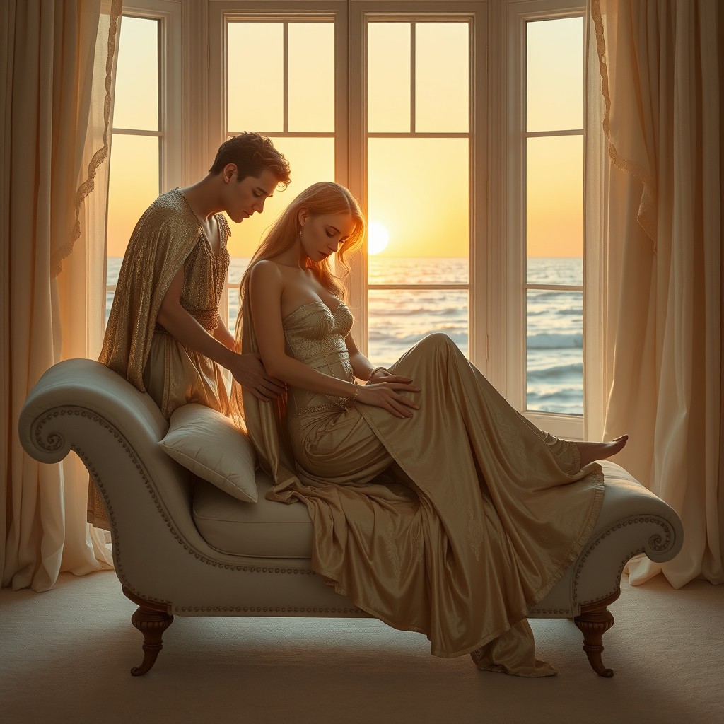 In a serene room illuminated by the warm glow of a sunset pouring through the window, three ethereal figures clad in metallic and luminous garments collaborate in a poignant moment