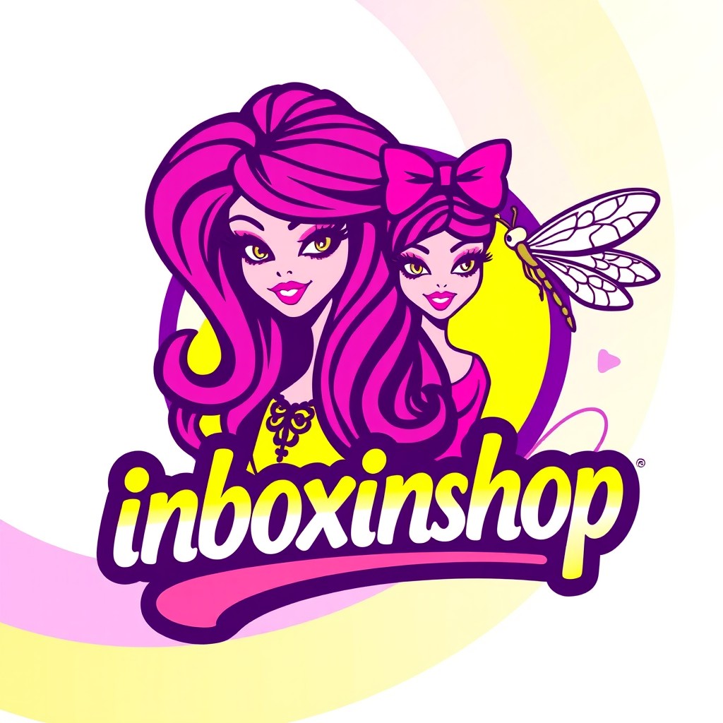 A stylish and colorful logo for 'inboxinshop', featuring vibrant Bratz doll imagery alongside a whimsical dragonfly