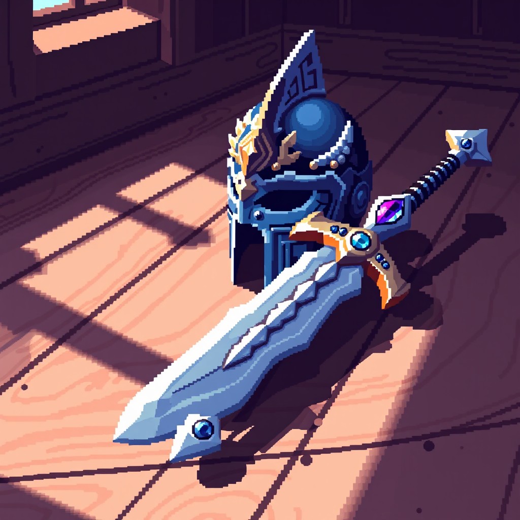 A pixel art style image featuring a detailed helmet and a sword resting on a wooden floor